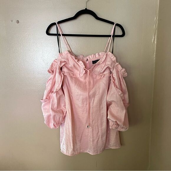 Majorelle Tempest Mini Dress pink cloud off shoulder ruffles Sz S Revolve NWOT - Picture 3 of 7